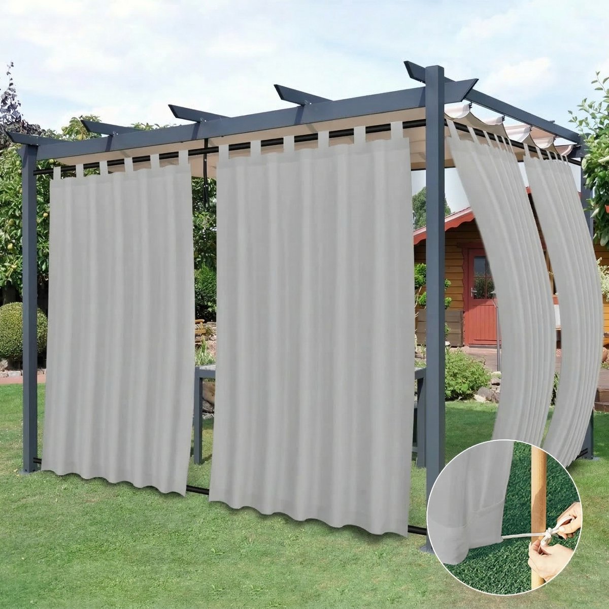 Qelus Oxford Buitengordijn Waterdicht - Outdoor Gordijn met Lussen & Roedezak - Winddicht Balkongordijn Weerbestendig - 132x244cm - Lichtgrijs - 1 Stuk