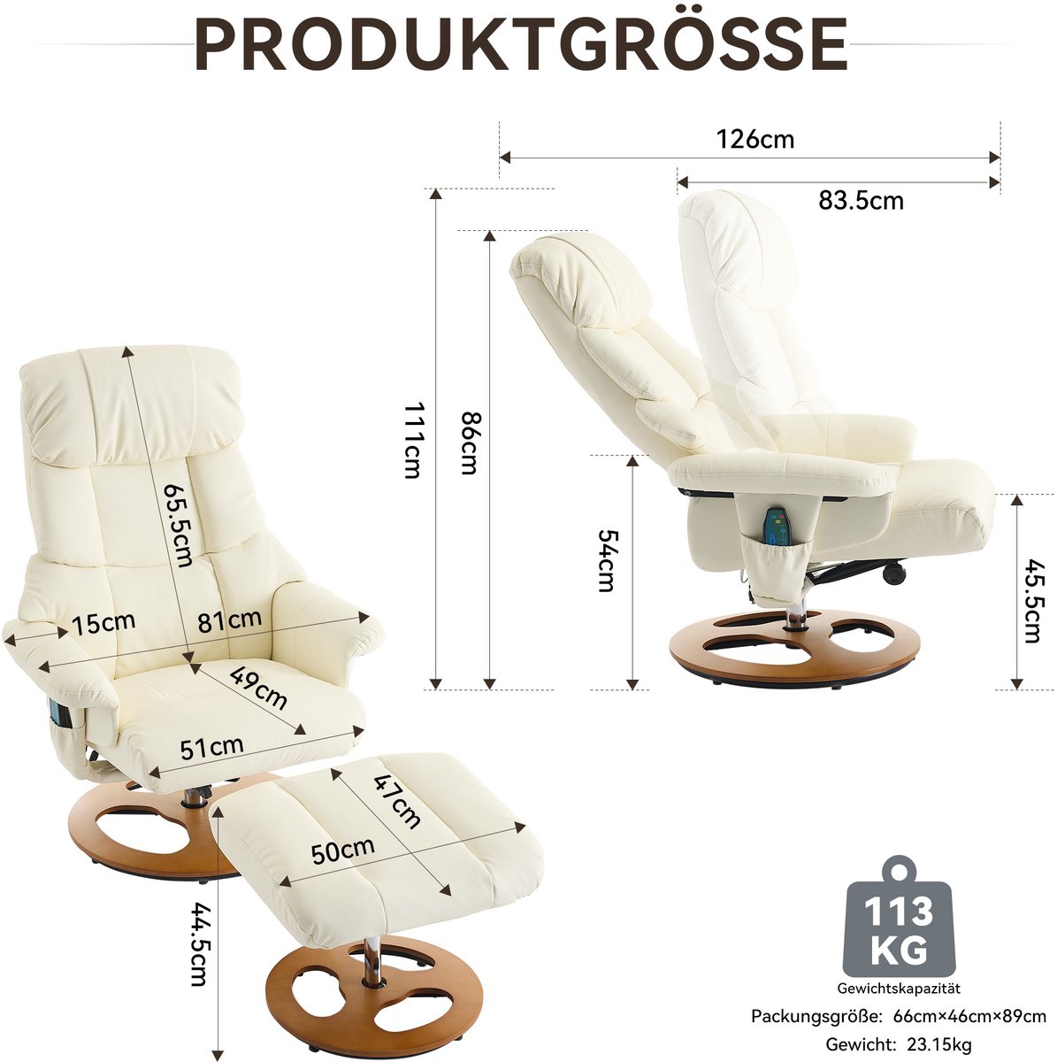 Luxe Relaxfauteuil met Massage en Verwarming - Verstelbaar met Voetenbank - 360° Draaibaar - Wit Kunstleer – foto 4