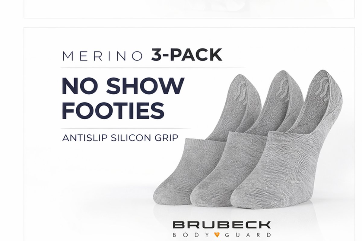 Brubeck Merino Sneakersokken / Footies – No Show Sokken – 3 Pack – Antislip Silicon Grip – Unisex Grijs 38/40