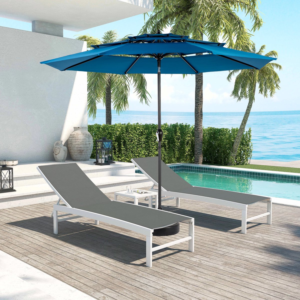 Wishdor - Dubbele Tuinparasol - Rechthoekig Met Slinger - Voor Tuin En Zwembad - Staal - Donkerblauw - 14,8 Ft
