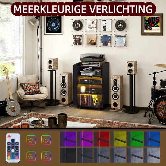 Puluomis - Platenspeler Meubel - LP-kast - Met stekkerdoos - RGB-lichtstrip - Platenspeler Kast - Platenspelerstandaard - Vintage Display Plank — afbeelding 4