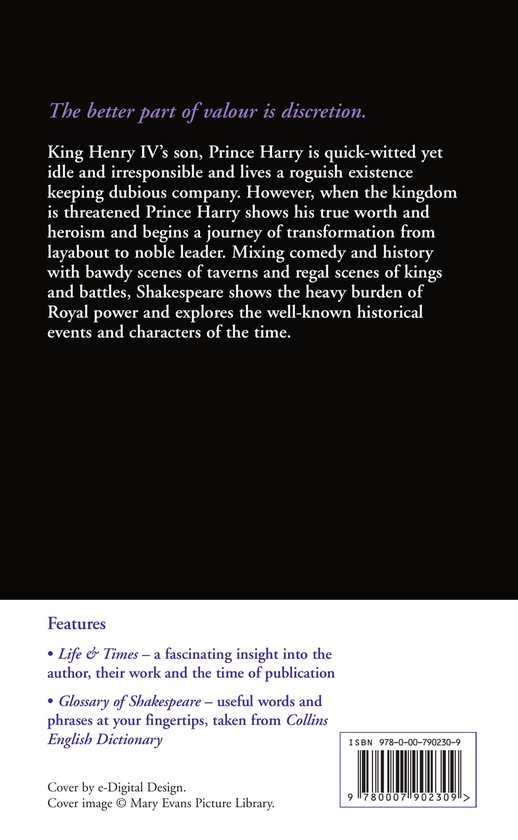 Achterkant van het boek Henry IV Part I & Part II met de tekst "The better part of valour is discretion" en de ISBN-barcode.