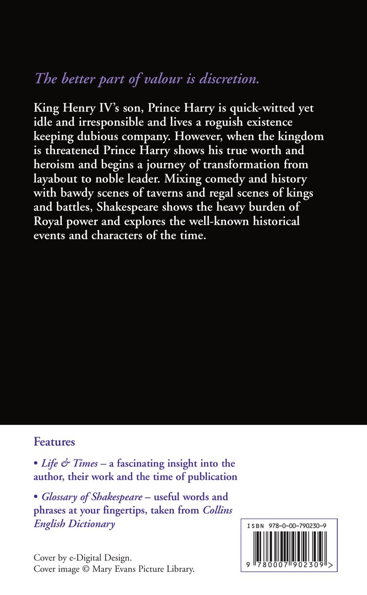 Achterkant van het boek Henry IV Part I & Part II met de tekst "The better part of valour is discretion" en de ISBN-barcode.