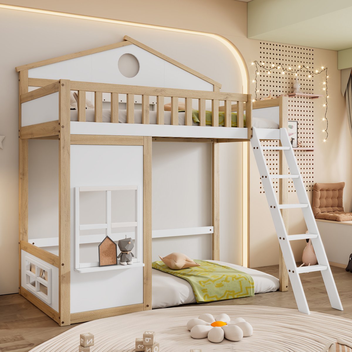 MODFU Stapelbed 90x200 cm – Wit/naturel met dak & ramen – Trap & valbeveiliging – Onder vrij indeelbaar