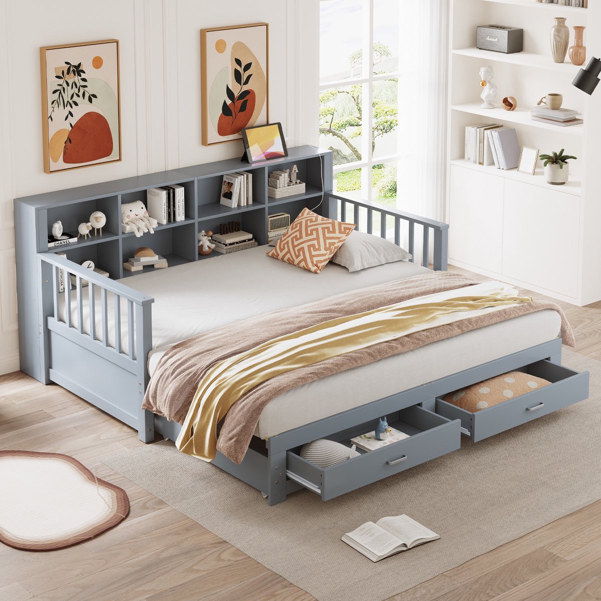MODFU Bedframe 90x190 cm – Hout – Uitschuifbaar tot 180x190 cm – Met opbergruimte & stopcontact Grijs