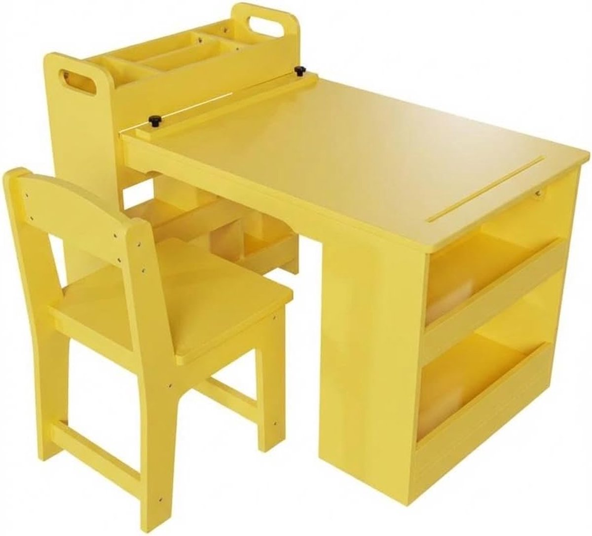 Houten Kindertafel met 2 Stoeltjes - Geel - Knutseltafel met Opbergvakken & Tekenrolhouder - Speeltafel Kinderen - Multifunctioneel Kinderbureau