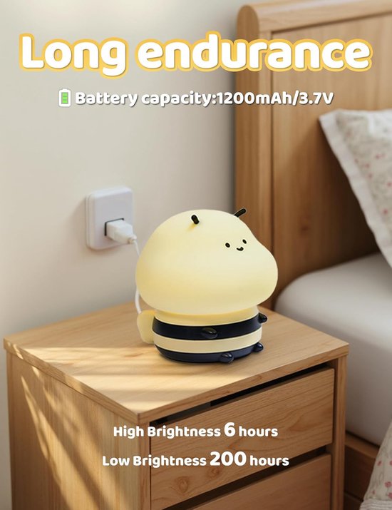 Schattige Oplaadbare Silicone Nachtlamp voor Kinderkamer, Dimbaar Bijenmodel — afbeelding 2