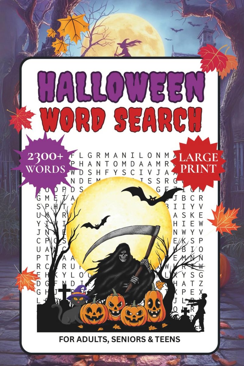 Woordzoeker Halloween: Groot Lettertype, 2300+ Woorden, Voor Volwassenen & Senioren