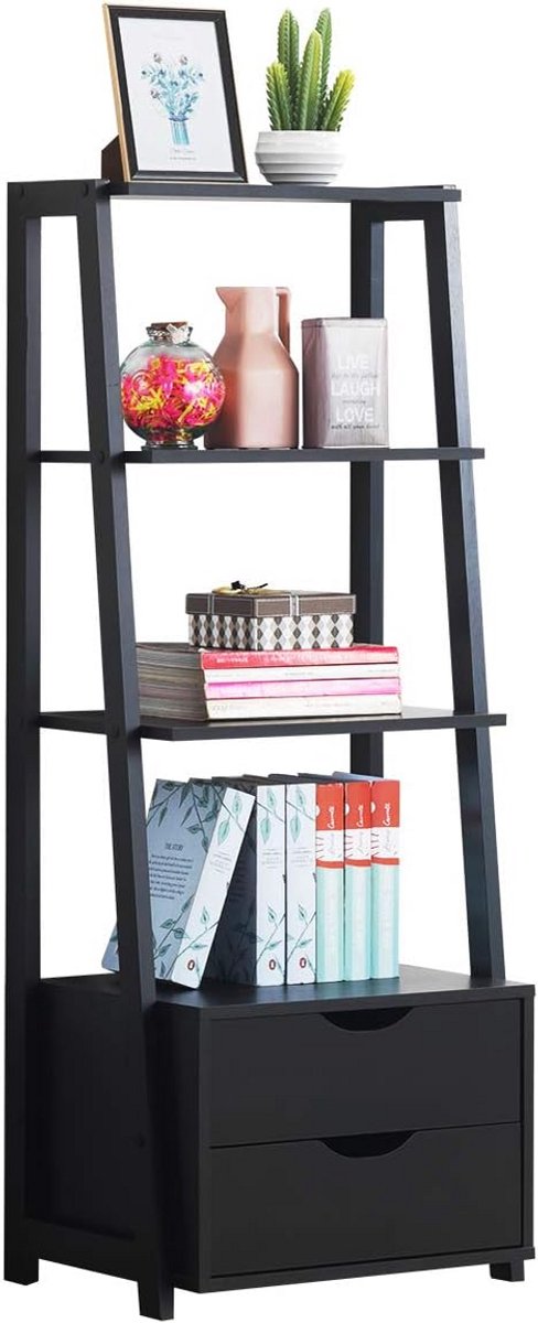 Boekenkast Ladderplank met 4 Niveaus en 2 Opberglades - Staand Rek Zwart