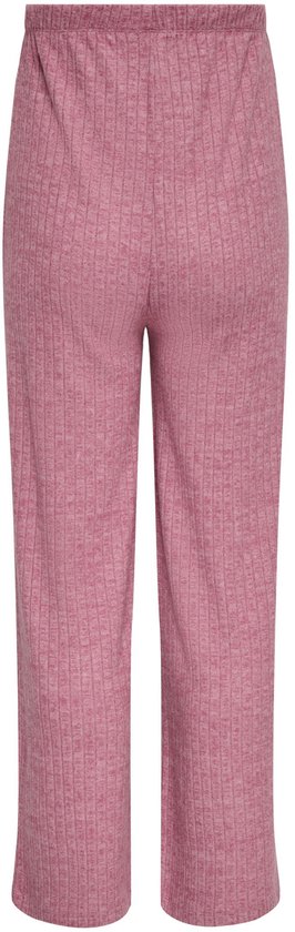 Achterkant van een roze geribbelde wijde broek.