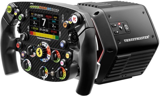 Race stuurwiel met carbonfiber look en Ferrari logo, gekoppeld aan een Thrustmaster T598 servo base.