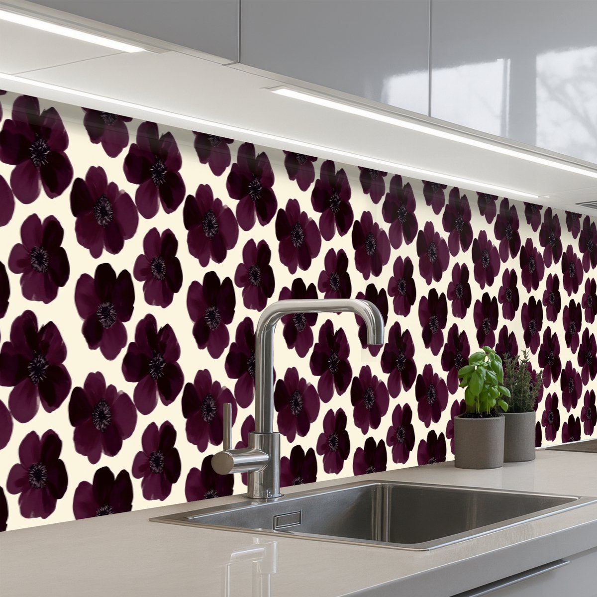Keuken achterwand 500x60 cm - Spatscherm zelfklevend Bloemen - Aquarel - Paars - Muurbeschermer - Spatwand fornuis