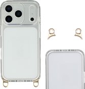 Doorzichtig iPhone hoesje met gouden koordhaakjes aan de onderkant.