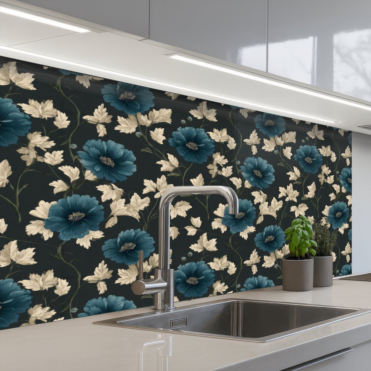 Keuken achterwand 100x60 cm - Spatscherm zelfklevend Botanisch - Bloemen - Blauw - Muurbeschermer - Spatwand fornuis