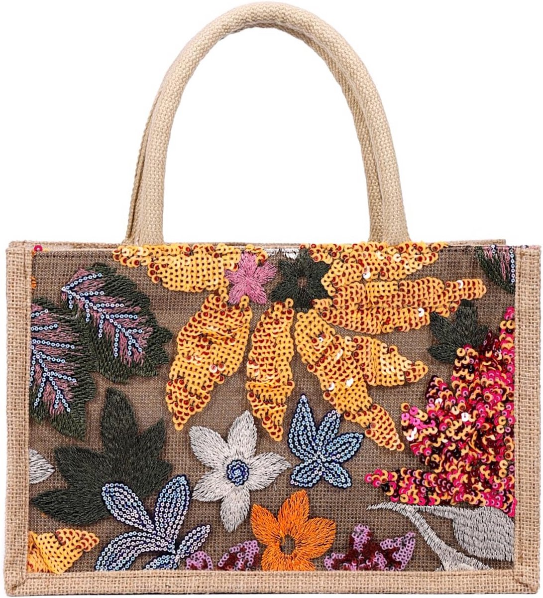 Grote Jute Strandtas met Handgeborduurde Bloemen - Opvouwbare Boodschappentas
