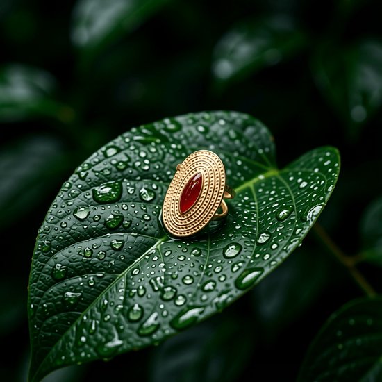 Gouden ring met een rode, ovale emaille steen op een met water besprenkeld groen blad.