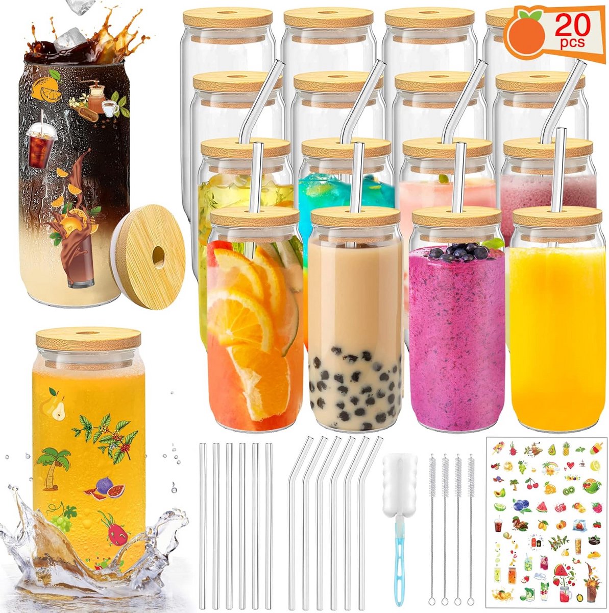 20x Iced Coffee Glazen Set met Bamboe Deksel en Rietjes - 16 oz Drinkglazen
