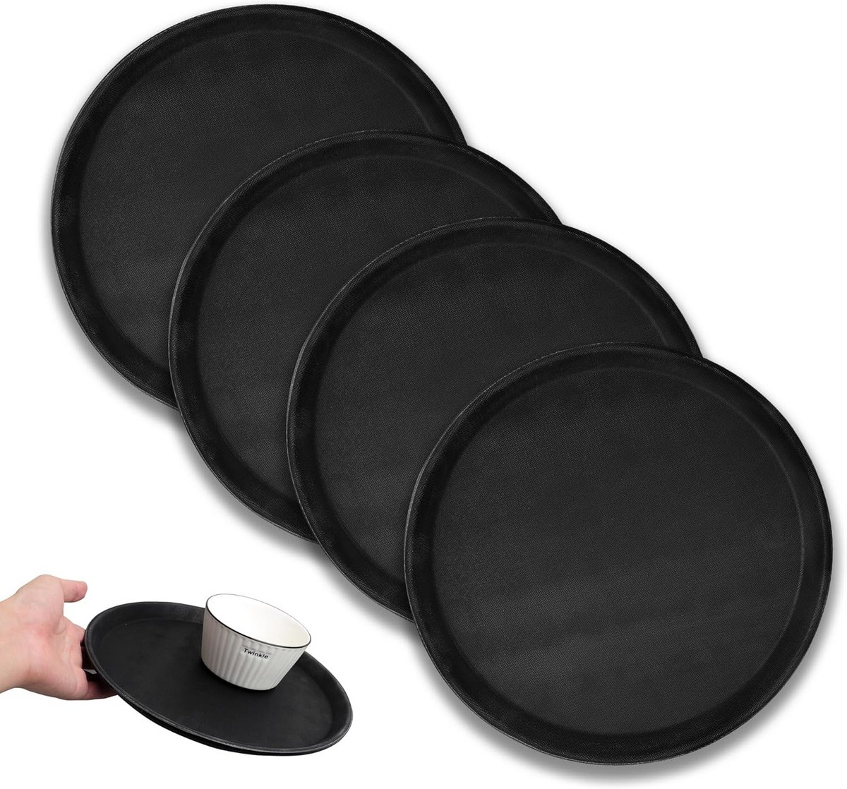 Set van 4 Zwarte Ronde Dienbladen Non-Slip met Hoge Rand 28 cm