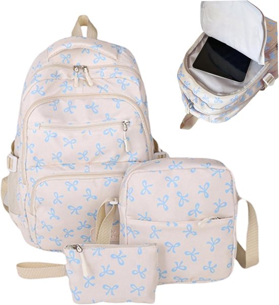 Schooltas - Rugtas - Tas - Rugtas Meisje - Schoolrugzak - 3-Pack Schattige Strik-Rugzakset - Esthetische Strik-Schooltas voor Dames en Meisjes - Grote Capaciteit Bedrukte Tas - voor Reizen, School, Woon-Werkverkeer - Blauw