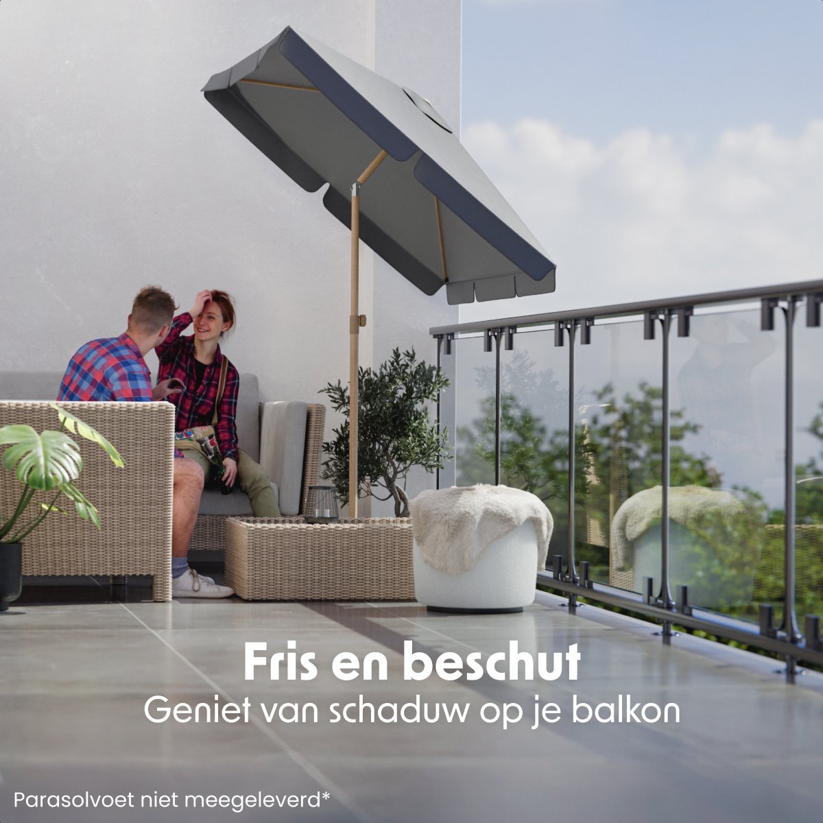 LifeGoods Parasol - Tuin - Balkonparasol - 200x125cm - 30° Kantelbaar - Waterdicht - UPF50+ - Houtkleurige coating - Donkergrijs thumbnail 2