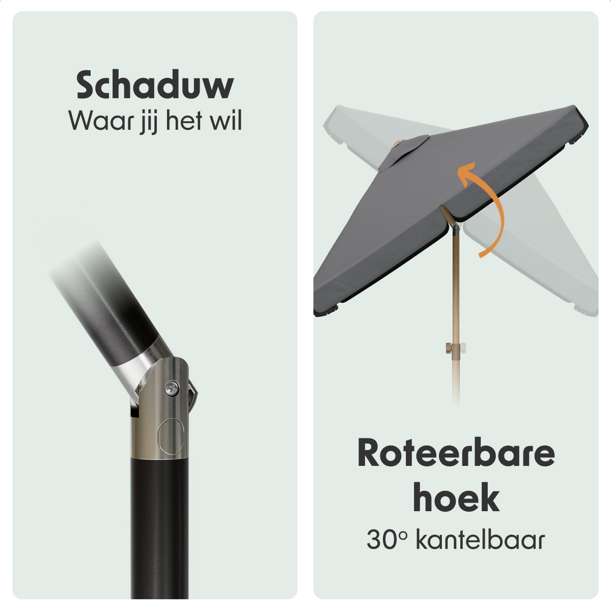 LifeGoods Parasol - Tuin - Balkonparasol - 200x125cm - 30° Kantelbaar - Waterdicht - UPF50+ - Houtkleurige coating - Donkergrijs thumbnail 4
