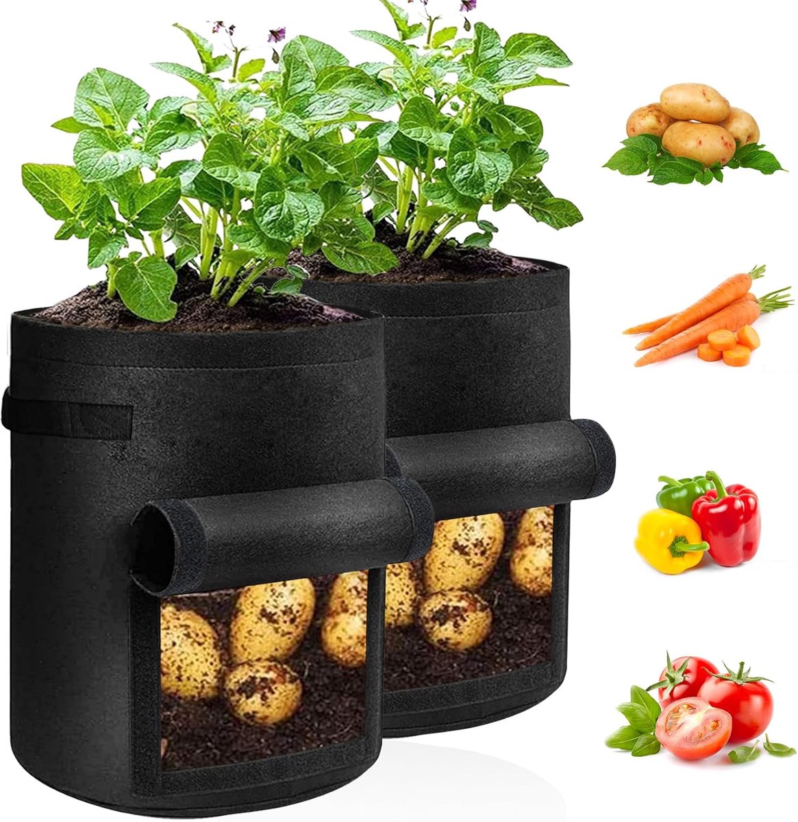 Aardappelplantzakken Van 10 Gallon (Ca. 35,7 Liter) met Verstevigde Handvatten - Dikke Plantzakken van Niet-Geweven Stof - Geschikt voor Tomaten, Groenten en Fruit - 2-Pack