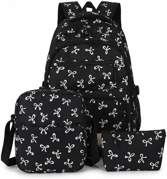 Schooltas - Rugtas - Tas - Rugtas Meisje - Schoolrugzak - 3-Pack Schattige Strik-Rugzakset - Esthetische Strik-Schooltas voor Dames en Meisjes - Grote Capaciteit Bedrukte Tas - voor Reizen, School, Woon-Werkverkeer - Zwart