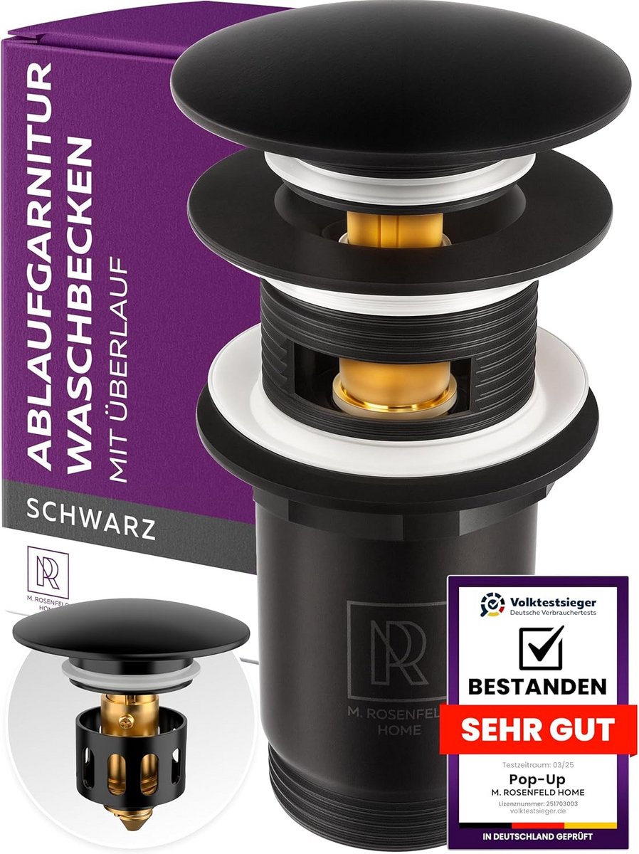 Zwarte Pop-Up Afvoerplug voor Wastafel met Overloop - Universele Klikdose Afvoerplug 1astaard 2astaard Inch