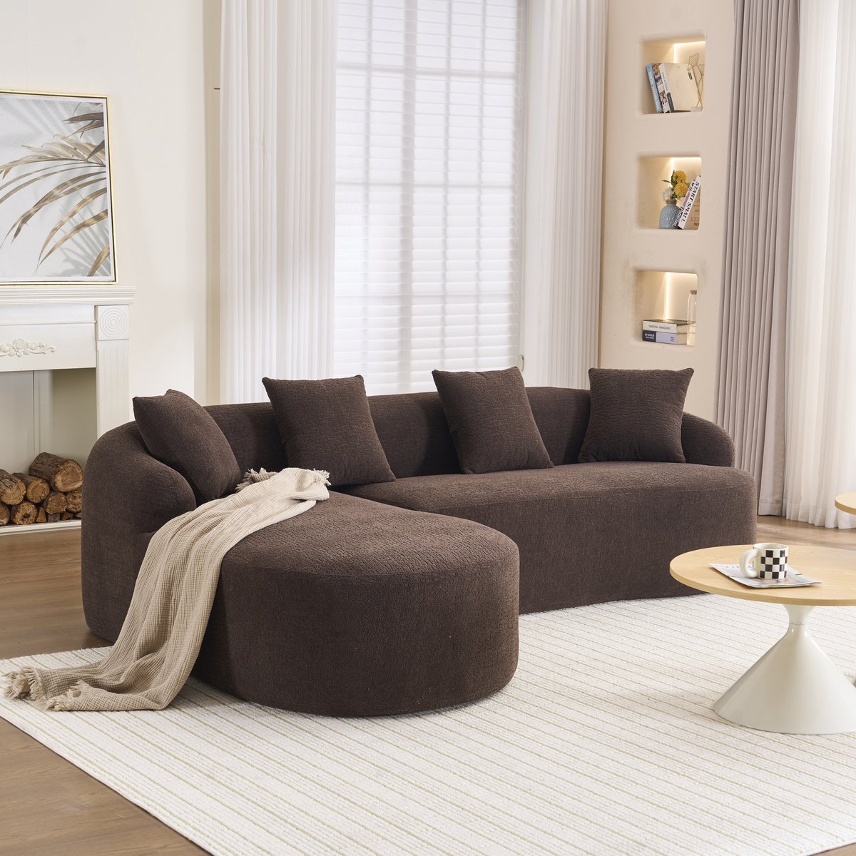HAUSS SPOLE Hoekbank - Modulaire Chenille Bank - L-Vorm Met Gebogen Longchair - Voor Woonkamer En Appartement - Bruin