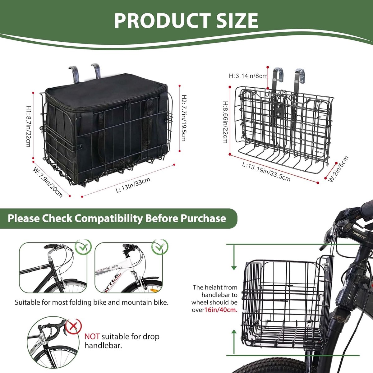 Opvouwbare Metalen Fietsmand Vooraan – Snelontkoppeling - Afneembare Binnenzak – Geschikt voor E-bike - Huisdieren & Boodschappen - Zwart – foto 3