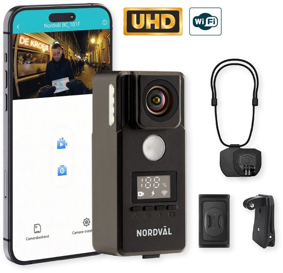 Nordväl BC101F Bodycam – 4K Ultra HD – Tot 10 uur accuduur – Ingebouwde beeldstabilisator – Wifi – 3-zijdige verlichting – Draagbare body camera