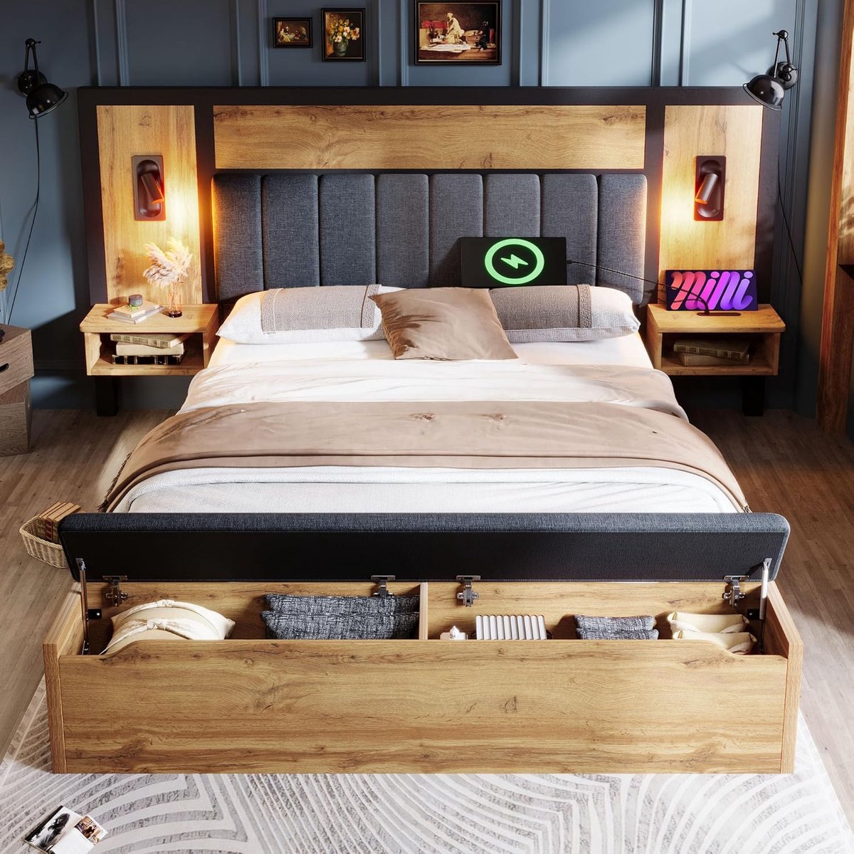 Gestoffeerd Tweepersoonsbed 180x200 cm met Leeslamp, USB-C Nachtkastje en Opbergbank – Mod