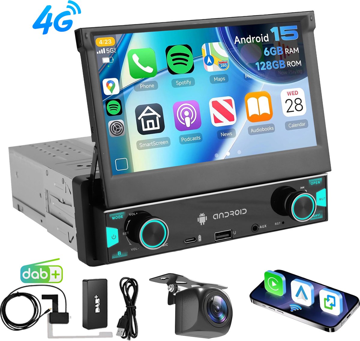 ESSGOO DAB 1Din Autoradio - Android 15 - Apple Carplay & Android Auto (Draadloos) - 6+128GB - 7 Inch IPS HD Handmatig Klapscherm - Navigatiesysteem - Bluetooth, Aux, USB, Type-C, MP5 - GPS & 4G WIFI - AHD Achteruitrijcamera
