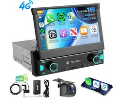 ESSGOO DAB 1Din Autoradio - Android 15 - Apple Carplay & Android Auto (Draadloos) - 6+128GB - 7 Inch IPS HD Handmatig Klapscherm - Navigatiesysteem - Bluetooth, Aux, USB, Type-C, MP5 - GPS & 4G WIFI - AHD Achteruitrijcamera