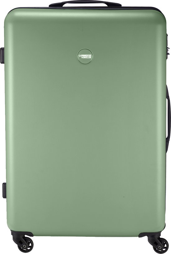 Saliegroene koffer met zwarte handvatten en wielen, staand op een witte achtergrond.