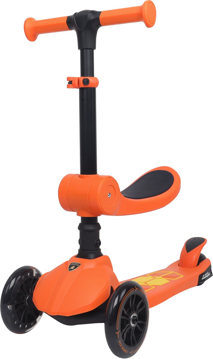 Lamborghini L5 Kinderstep 2-in-1 met Zitje – 3 Wiel Step met LED Wielen – Opvouwbare Kinderstep – Verstelbaar Stuur – Step voor Kinderen vanaf 3 Jaar – Max 50 kg – Oranje