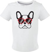 Luxe baby shirtje wit maat 12 mnd met een afbeelding van een buldog met rode bril