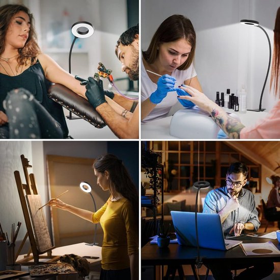 Collage van een ringlamp gebruikt voor tatoeëren, nagels, schilderen en studeren.