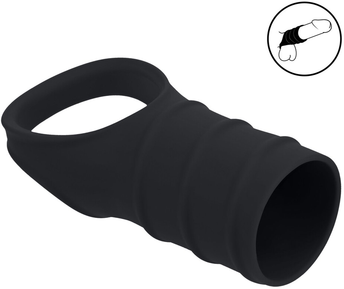 Silicone Cockring and Ribbed Sleeve - Black