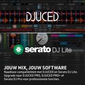 Screenshot van de DJUCED-software met de Serato DJ Lite-interface en tekst "JOUW MIX, JOUW SOFTWARE".