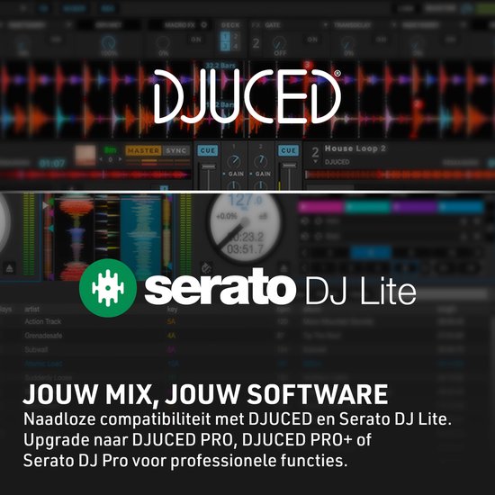 Screenshot van de DJUCED-software met de Serato DJ Lite-interface en tekst "JOUW MIX, JOUW SOFTWARE".