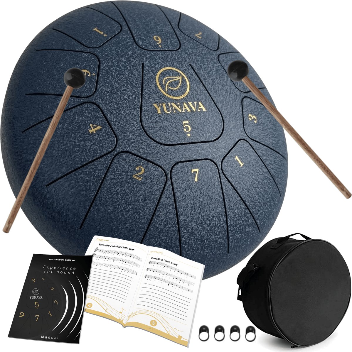 Yunava Handpan - 30 cm ø - Donker Blauw - Steel Tongue Drum - Hand Klankschaal incl. Lesboek & Beschermtas - Hangdrum