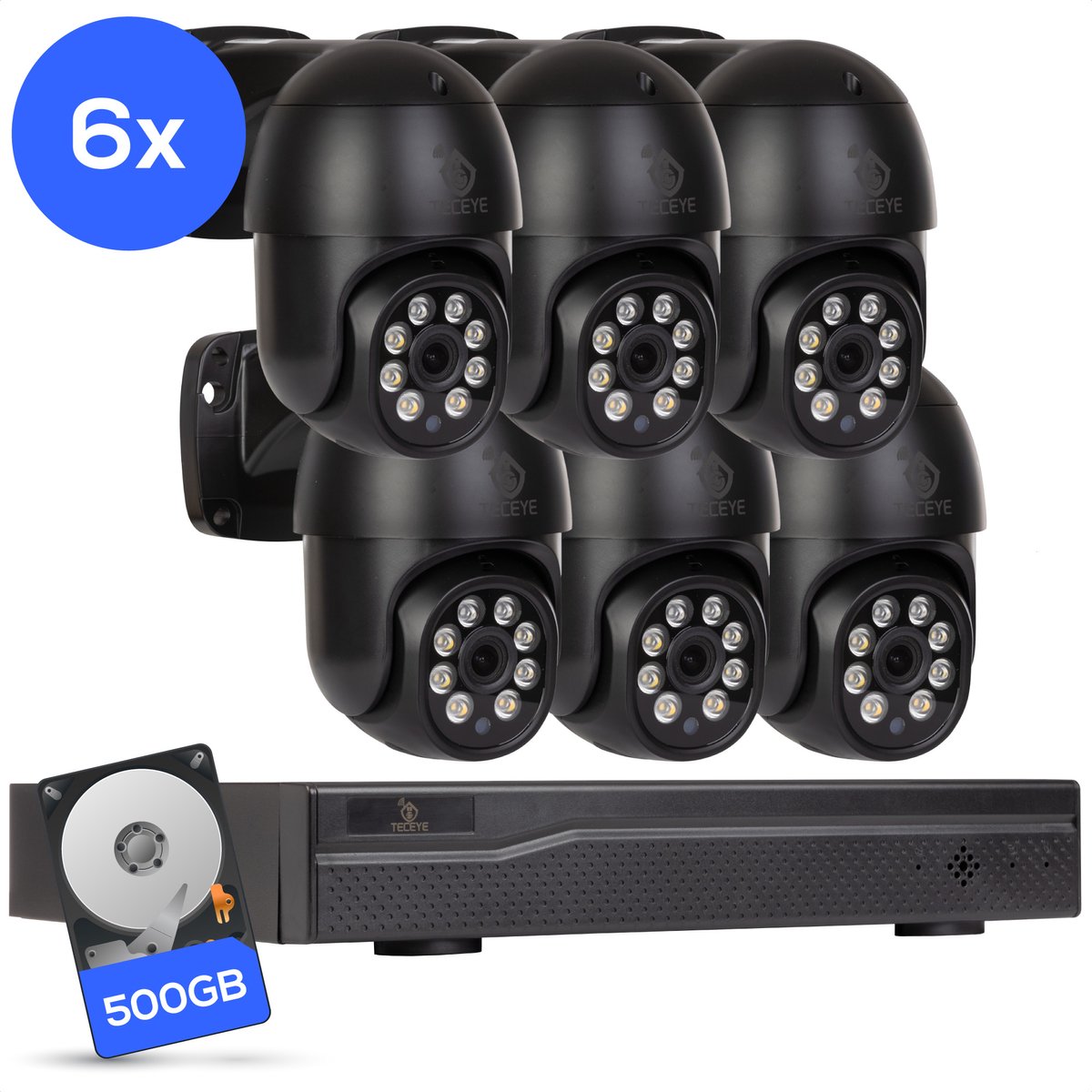 Teceye Compleet Camera Beveiliging Set met 6x PTZ POE Camera - Beveiligingscamera - Beveiligingscamera binnen - Beveiligingscamera buiten - CCTV Camera systeem - Beveiligingscamera set - Bewakingscamera set