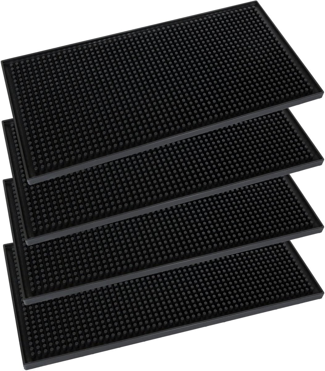 Set van 4 Zwarte Antislip Rubberen Matten voor Bar en Keuken - Lekbakken 15x30 cm