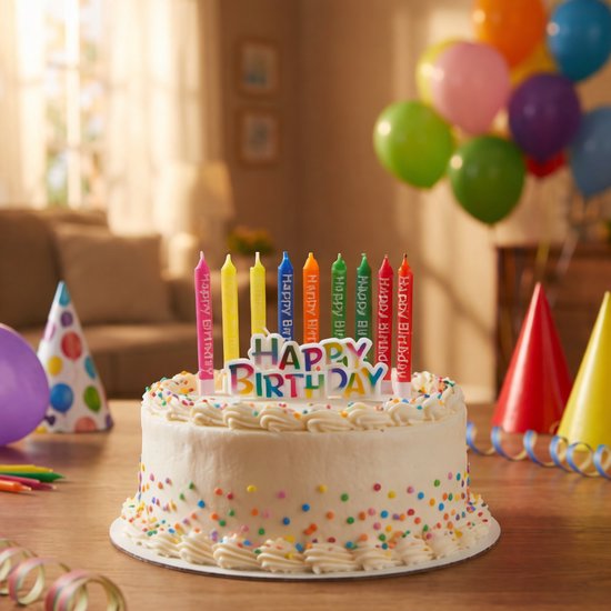 Een witte verjaardagstaart met veelkleurige hagelslag, een "Happy Birthday"-taarttopper en 8 kaarsen, met feestelijke achtergrond.