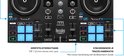 Zwarte DJ-controller met draaitafels, faders en verlichte, gekleurde pads.