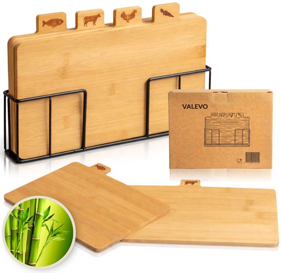 VALEVO - 4x Planches à découper en bambou avec support - 28x17 CM- Pas de BPA ni PFAS Planche à découper en bambou - Planche à découper en bois – Ensemble de planches à découper en bambou avec support - Planche à découper en bois