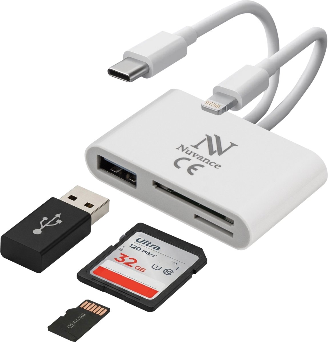 Nuvance SD Kaart Lezer - 3 in 1 - Micro SD Kaart - USB naar USB C - 8-Pin - Geschikt voor alle Telefoons, Tablets & Laptops