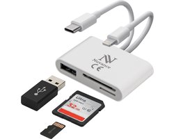 Nuvance SD Kaart Lezer - 3 in 1 - Micro SD Kaart - USB naar USB C - 8-Pin - Geschikt voor alle Telefoons, Tablets & Laptops