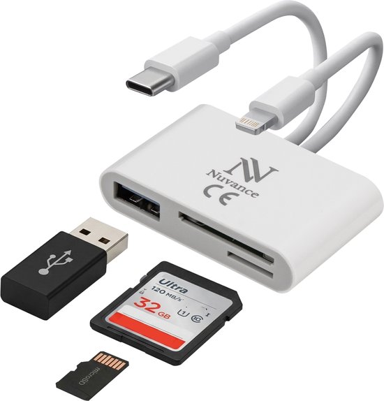 Witte Nuvance kaartlezer met USB-, 8-pin- en USB-C-poorten, inclusief 32GB SD-kaart en micro SD-kaart.
